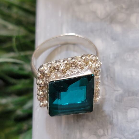 Teal Stone Statement rings, Sterling Silver Ring 0.72 Inch Stone, Size 8.75 - Picture 2 of 10